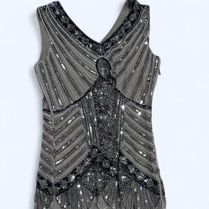 Roaring 20s 1920s Cocktail Dress Knee Length Flapper Dress Silver Sequin